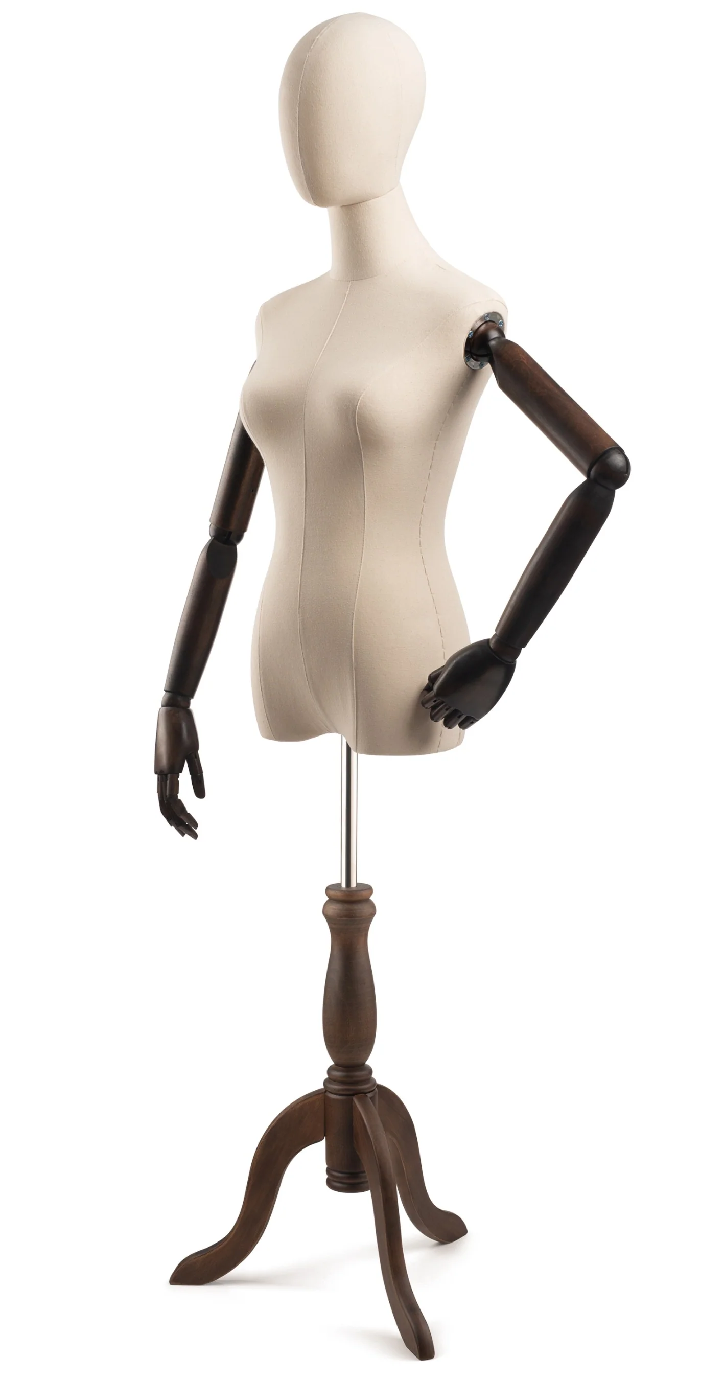 Female Display Dress Form on Wood Tripod Base (Head & Arms Version) - Image 21