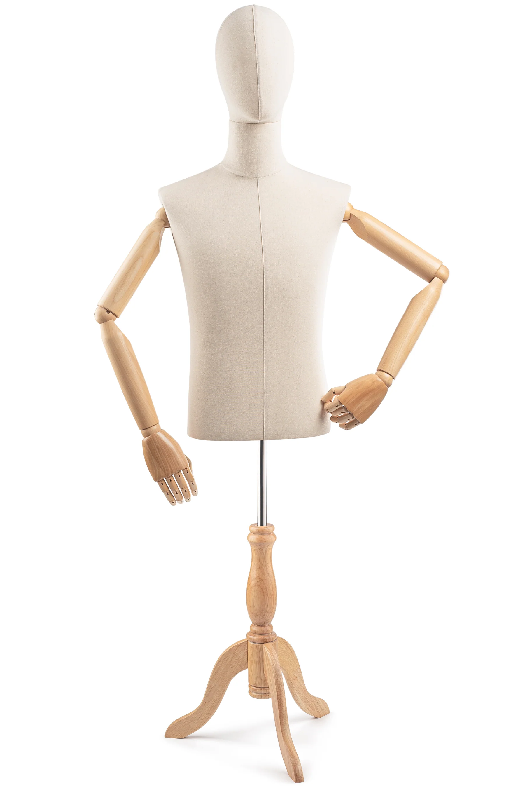 Male Display Dress Form on Wood Tripod Base (Head & Arms Version)