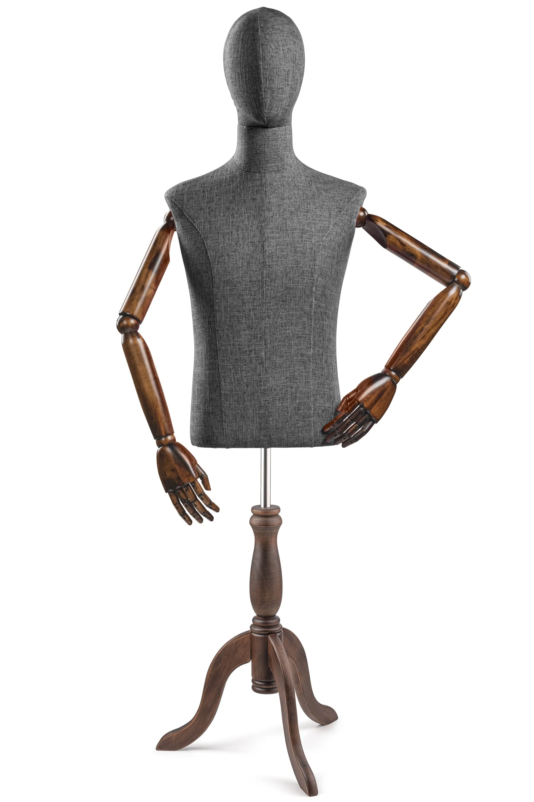 Male Display Dress Form on Wood Tripod Base (Head & Arms Version) - Image 39