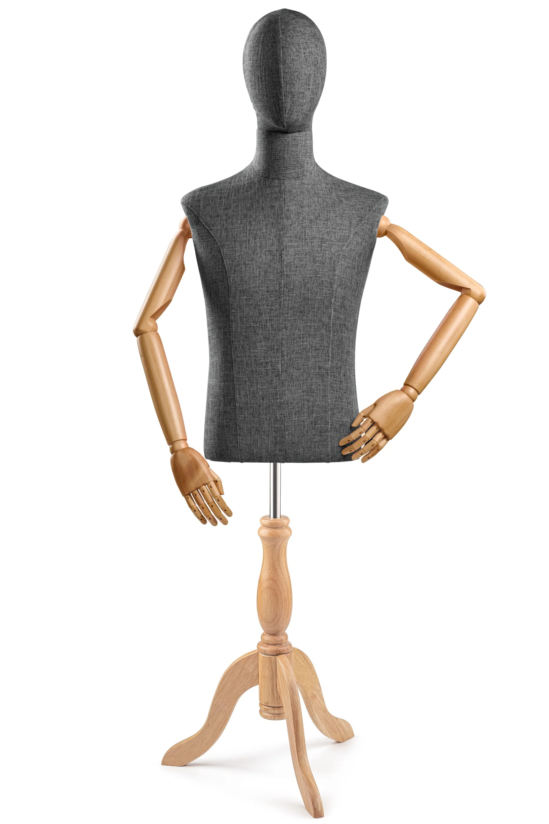 Male Display Dress Form on Wood Tripod Base (Head & Arms Version) - Image 44